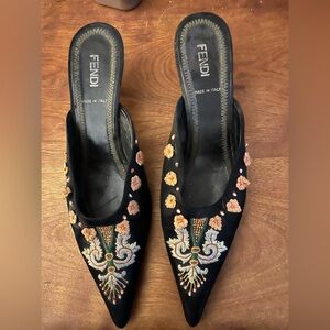 Fendi Black Satin Embroidered Mules with kitten heels